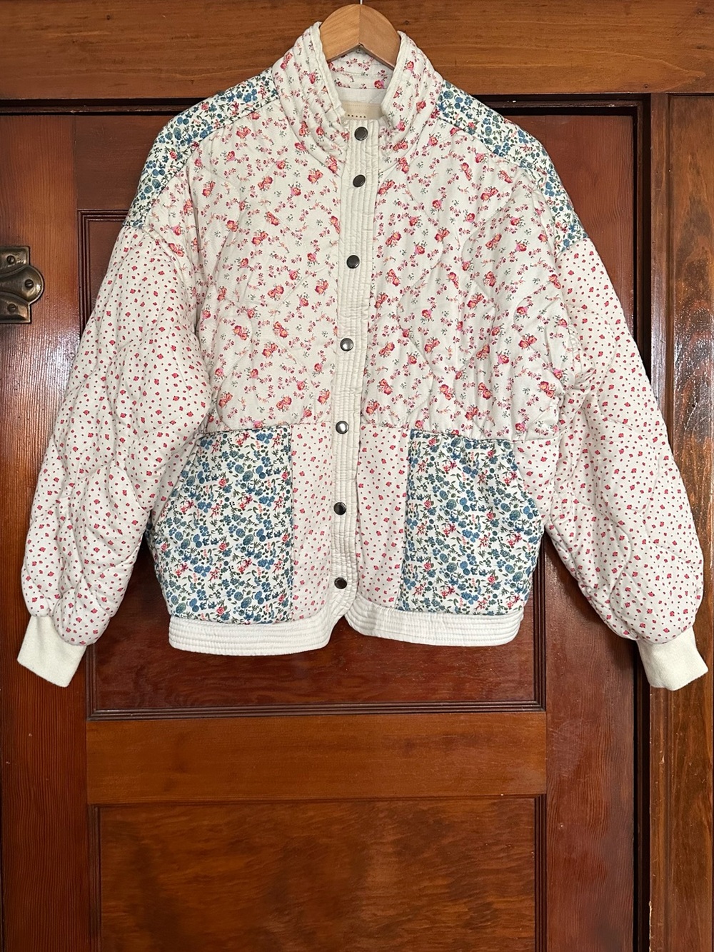 BLANKNYC Cream Patchwork Ditsy Floral Quilted Bomber Jacket Sz XS Cottagecore